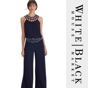 WHBM Sleeveless lattice neckline navy jumpsuit. ****Sold******